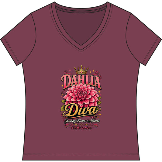 Dahlia Diva #HOE-Gardens Women's V-Neck Tee — Funny Gardening Floral Shirt